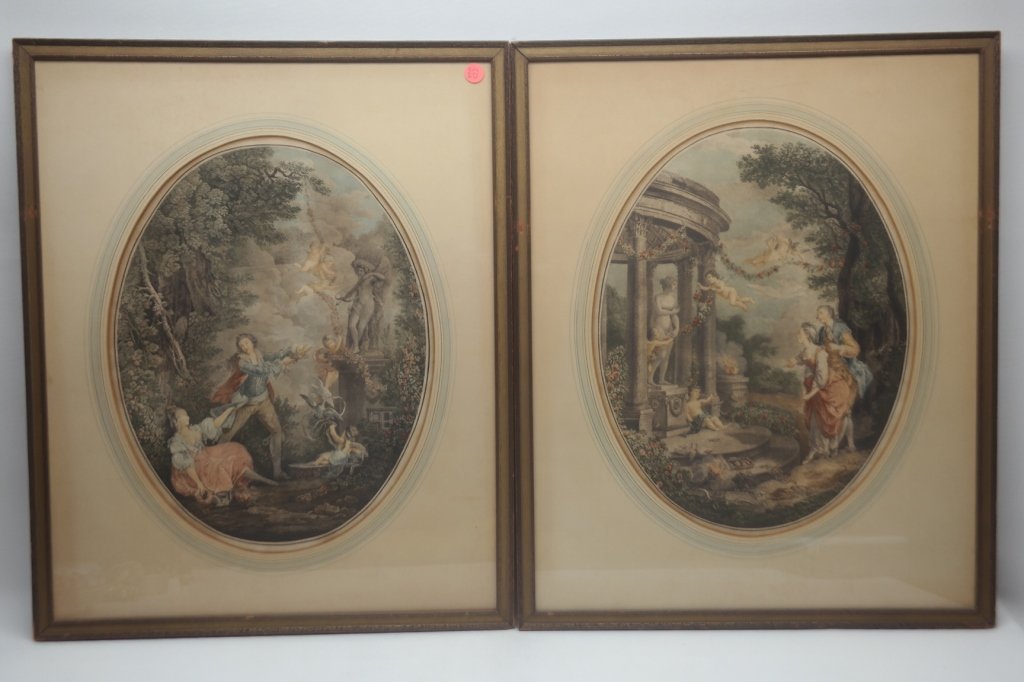 Pair of Hand Colored Engravings: French hand colored engravings depicting a couple set in a garden with Classical motifs and cupids. Engraving having statue signed "Dugoure pinx Elluin Sc", while second is signed "Charlier pinx Ellui
