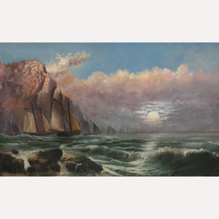 Unsigned Maritime Painting: Unsigned oil on canvas of maritime scene depicting a fleet of sail boats against a mountainous landscape. . Sight Size: 22 x 36 in.