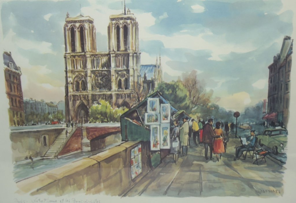"Paris- Notre Dame et la Bouguinistes" Watercolor: Framed watercolor depicting a street scene next to Notre Dame Cathedral. Signed "Raphael" in lower right and signed "Paris-Notre Dame et la Bouguinistes" in the lower left corner. Sight Size: 16" x 20