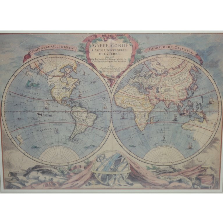 Mappe Monde Carta Universelle de la Terra: Early hand tinted map of the world, titled " Mappe Monde Carta Universelle de la Terra". Depicts the world in two hemispheres, the "Hemisphere Occidental" and the " Hemisphere Oriental". Appearance of