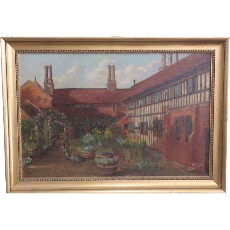 20th C. Oil on Canvas by Phyllis: Framed 20th Century oil on canvas of a English Tudor style home's courtyard garden. Having signature "Phyllis" and dated " 1916" in lower right hand corner. Sight Size: 13.75 x 20.75 in Medium: Oil on