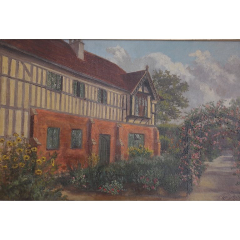 20th C. Oil on Canvas by Phyllis: Framed twentieth century oil on canvas depicting a garden in front of an English Tudor style home. Having signature "Phyllis" and dated " 1919" in lower right corner. Sight Size: 13.75 x 20.75 in Medi