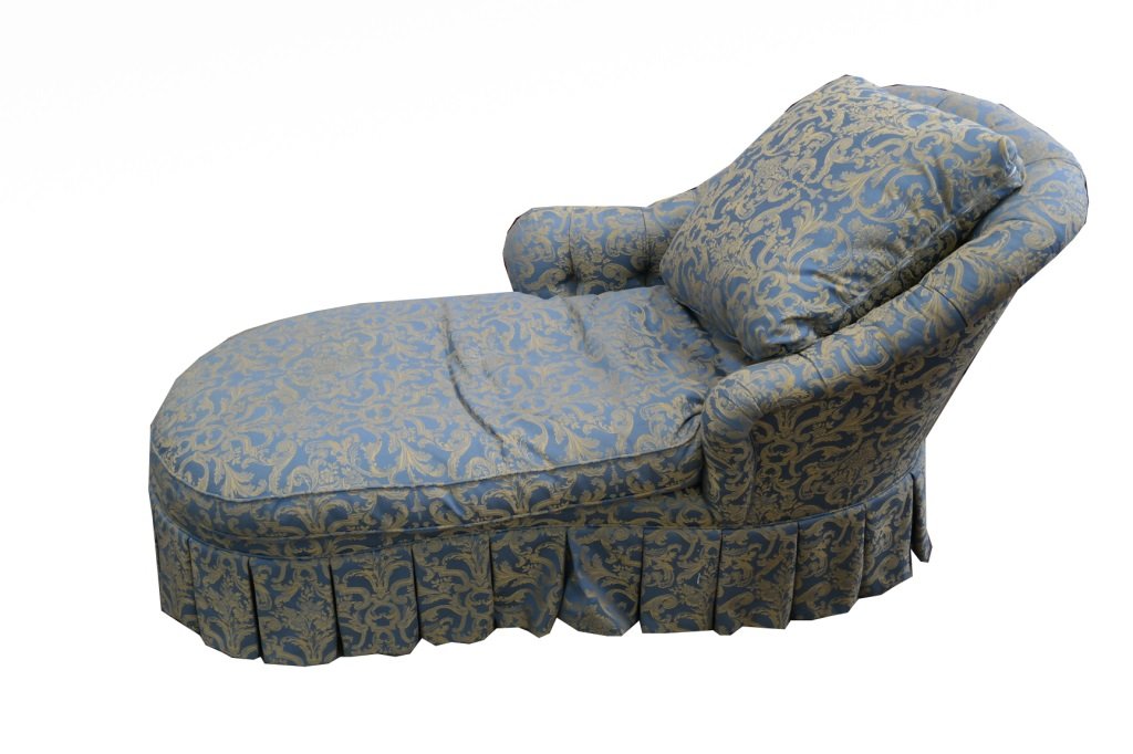 20th C. Blue/Gold Chaise Lounge: 20th Century Blue/Gold Chaise Lounge with pillow.
