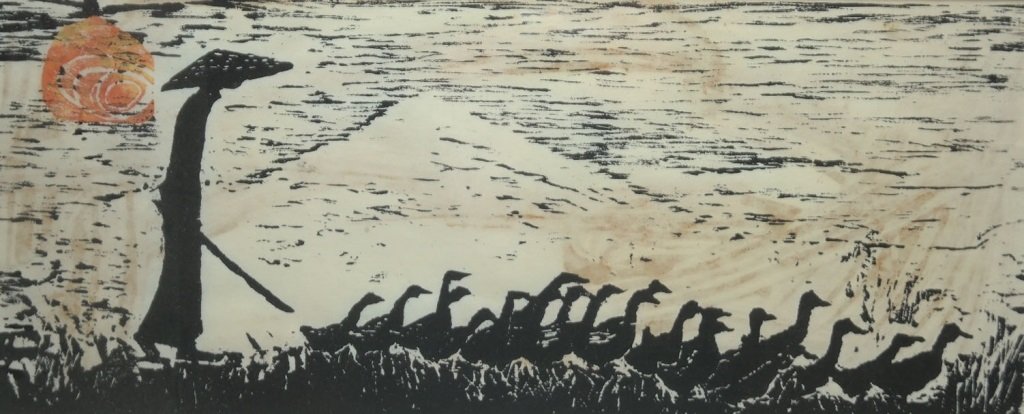 E. Waterman Woodblock Print: Colored woodblock print depicting farmer with flock of geese. Signed E. Waterman in lower right corner. Sight Size: 7.75 in x 18 in Condition: Overall condition is good.