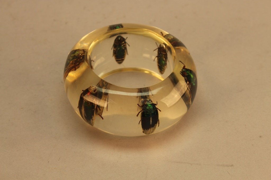 Lucite Bangle w/ bug decoration: Large Lucite Clear Bangle with Irridescent Beetles Inside. Diameter: