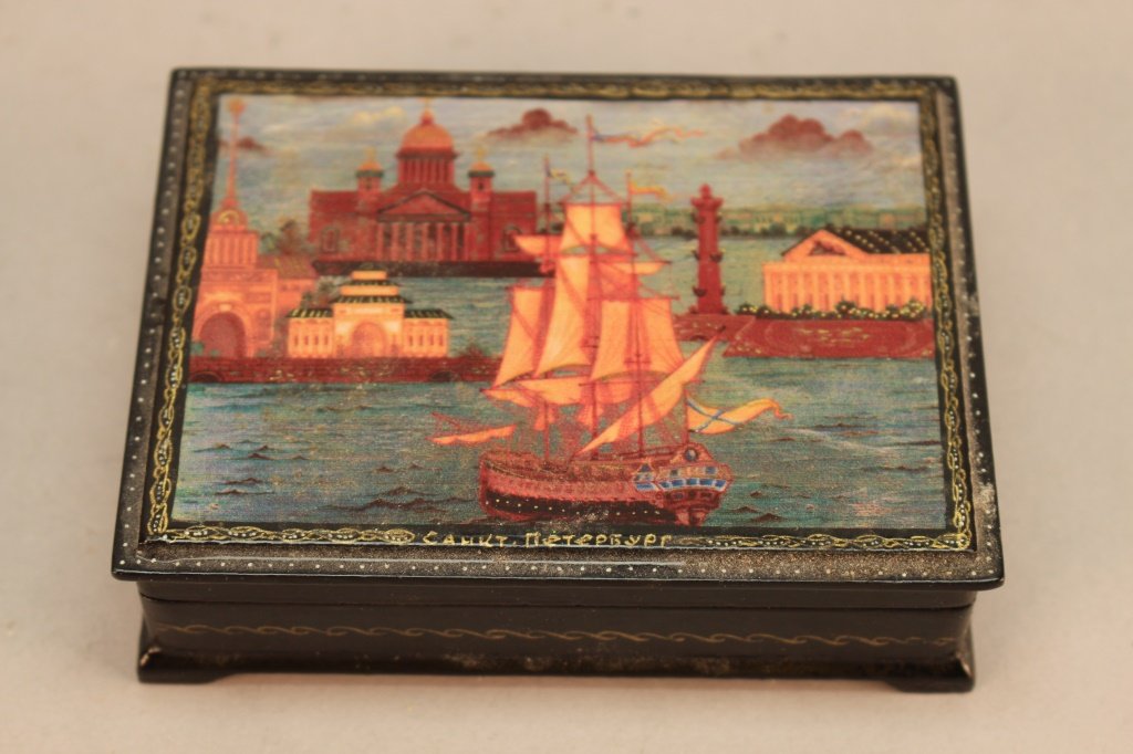 Russian Jewelry Box w/ Hand Painted Harbor Scene (1 of 4)