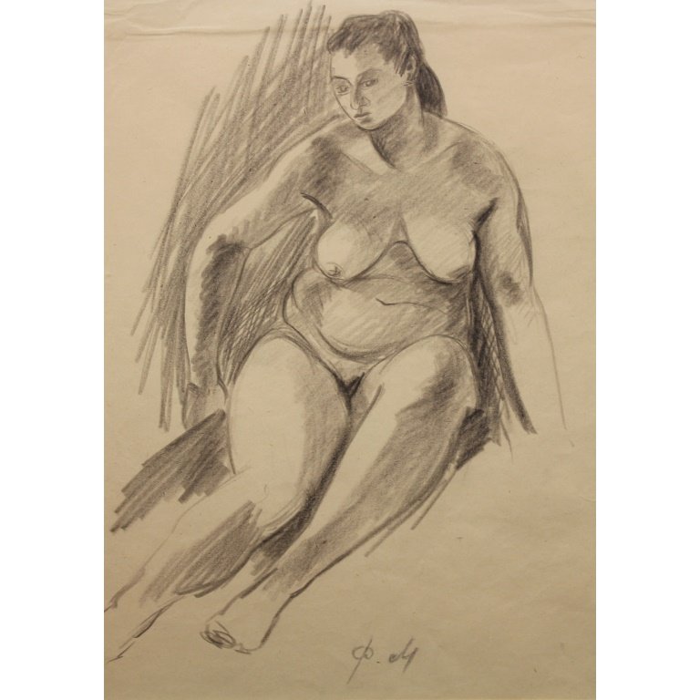 Philip Maliavin (Russian 1869 - 1940) Female nude: Philip Maliavin (Russian 1869 - 1940) Female nude. Charcoal on paper. Bears initials in Cyrillic. Sight Size: 12 x 8.5 inches.