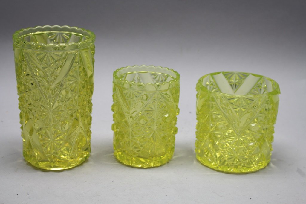 (3) Assorted Canary Yellow Vaseline Cups: (3) Assorted Canary Yellow Vaseline Cups