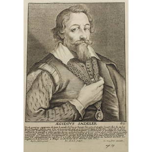 Aegidius Sadeler 17th C. Engraving: AEgidius Sadeler in Het Gulden Cabinet, engraved by Pieter de Jode II after a self-portrait for Jan Meyssens. Overall size: 8 x 6 inches.