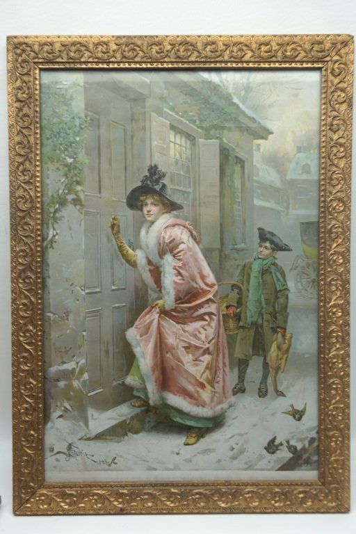 Chromolithograph by Jean Leon Gerome Ferris: Framed chromolithograph by Jean Leon Gerome Ferris (1863-1930) of female dressed in pink silk coat with white fur trim knocking at house door. Young boy stands in tricorn hat stands behind her holding