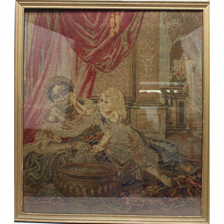 19th C. French Needlepoint: 19th C. French Needlepoint with blackamoor. Size: 25.5 x 22.5 in