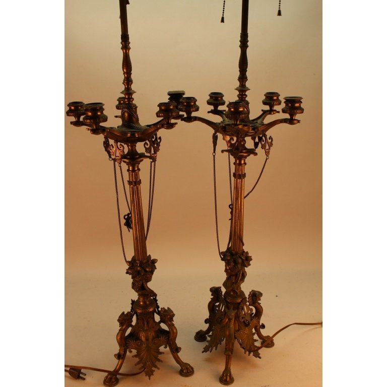 19th C. Pair of footed French 5 Arm Lamps (1 of 3)