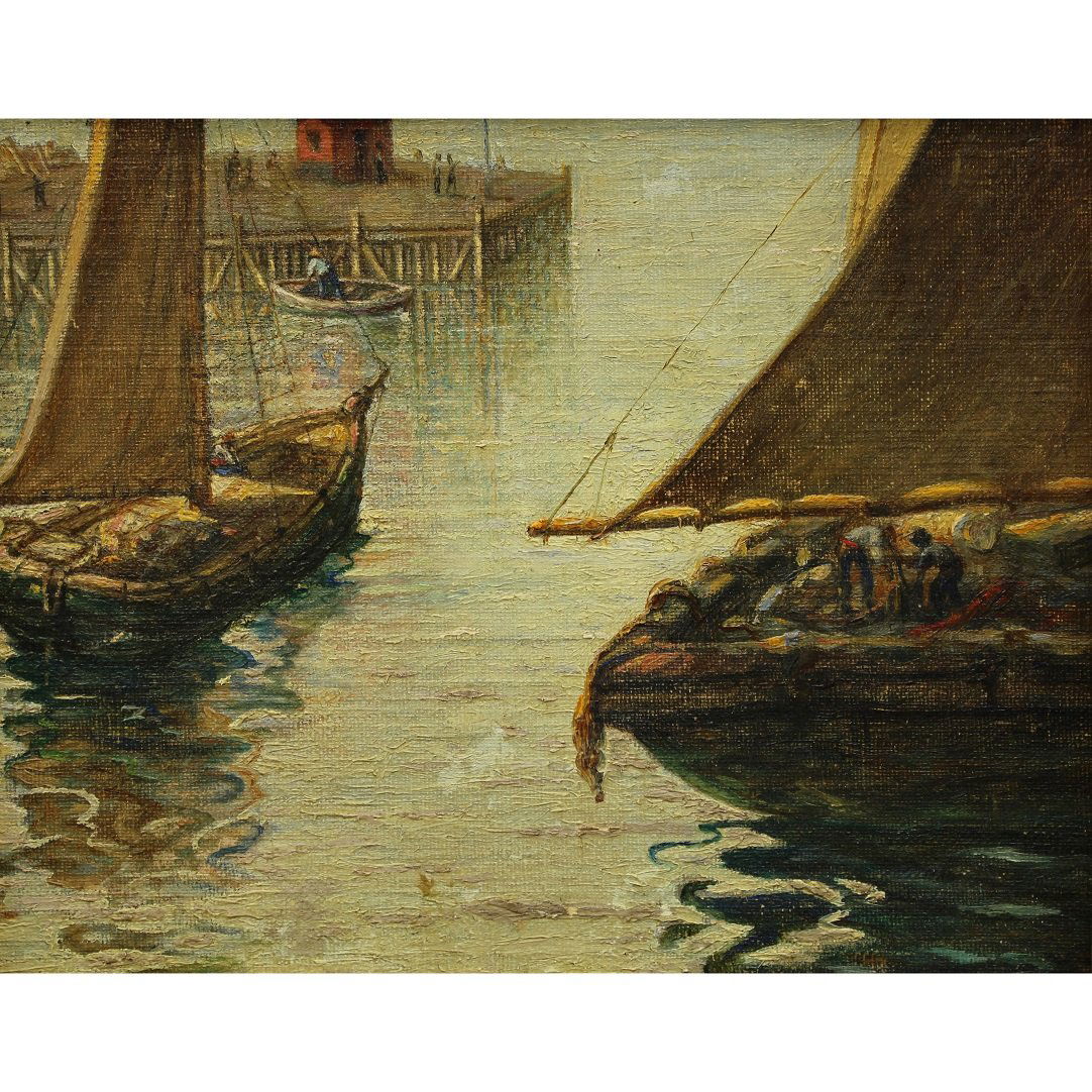 Antique Oil/Canvas board American Harbor Scene (1 of 4)