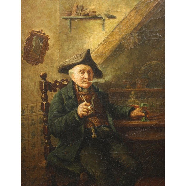 19th C. Oil/Canvas of old man w/ Pipe (1 of 5)