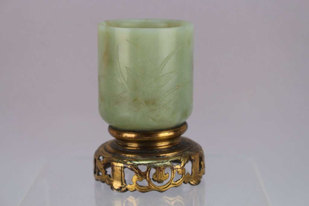 Antique Chinese Jade Cylindrical Cup/Bronze Stand (1 of 6)