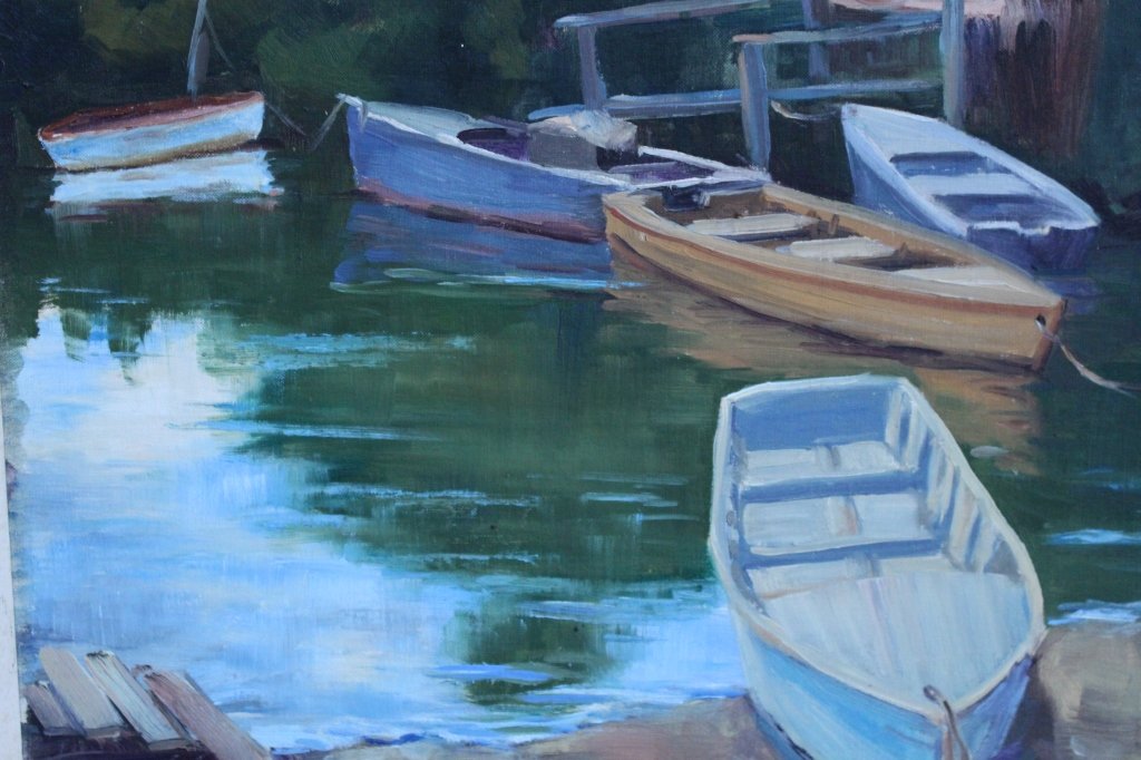Douglas Stewart (1873 - 1926) "Banyon Boats": Douglas Stewart (1873 - 1926) "Banyon Boats" Sarasota. Signed lower right. Oil on canvas. With original label verso. Sight Size: 16 x 20 inches.