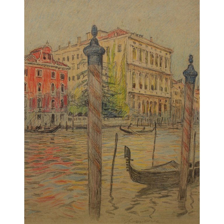 After Pierre Bonnard (French 1867-1947) Venice: After Pierre Bonnard (French 1867-1947) Venice Italy colored pencil on paper. Signed lower right. Sight Size: 11.5 x 9 inches.