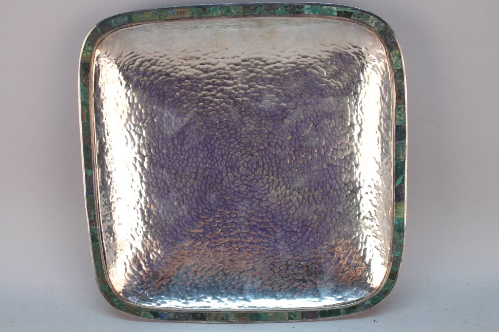 Castillo Silverplate & Azur Malachite Inlay Tray: Los Castillo Silverplate & Azur Malachite Inlaid Desk Tray on beaded feet. Marked on base. Dimensions: 1 5/8 x 10.5 x 10.5 in.