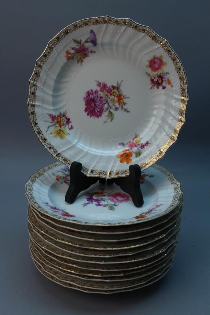(12) Antique KPM Porcelain Salad Dishes: (12) Antique KPM Porcelain Salad Dishes. Marked on base. Diameter: 8 in.