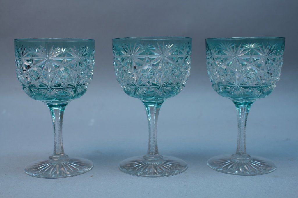 (3) Turquoise Cut Glass Goblets (1 of 6)