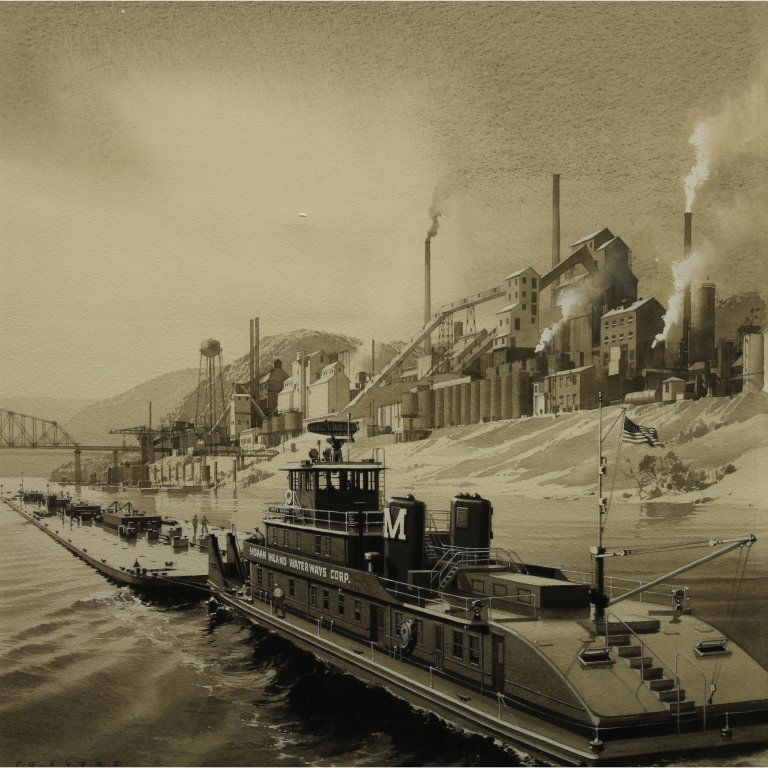 Carl Evers  (1907 - 2000) Tugboat Watercolor (1 of 7)