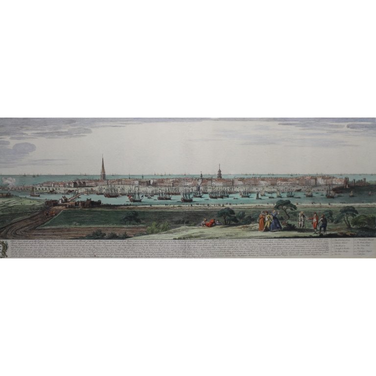 "Southwest Prospect of Yarmouth"-Norfolk Engraving: "The South-West Prospect of Yarmouth, in the County of Norfolk" Colored Engraving. With Huntington Hotel (CA) Label verso . Sight Size: 11.75 x 31 in. This item is framed behind glass.