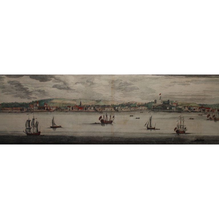 "The North Prospect of Woolwich"-Kent, Engraving: "The North Prospect of Woolwich. in the County of Kent". Colored Engraving. Circa 1739. Sight Size: 13 x 33 in. This item is framed behind glass.