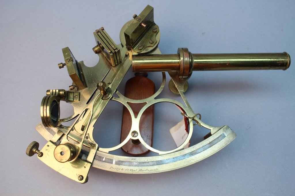 Perry & Co. West Hartlepool Brass Sextant: Perry & Co. West Hartlepool Brass Sextant. Inscribed 'Perry & Co. West Hartlepool' on bottom. Having wooden handle.