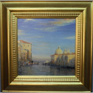 "Venice Grand Canal" William Berra (20th C.): William Berra (born 1952). Oil/Canvas. Sight Size: 14 x 14 in. Overall Size: 21.75 x 21.75 inches. Santa Fe, New Mexico painter Bill Berra finds the inspiration for his painting from the