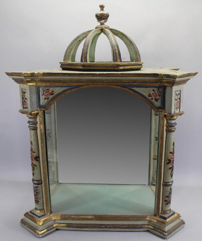 19th C. Italian Polychromed Altar Display: 19th Century Italian Polychromed Altar Display (as is). Missing side glass piece on right hand side. Dimensions: 21 x 23 x 15.5 in.
