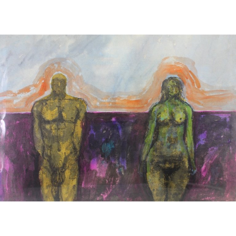 Attr. William Arthur Smith (1918 - 1989): Attr. William Arthur Smith (1918 - 1989) abstract illustration of 2 figures. Attributed to William Arthur Smith verso. Size: 21 x 27 inches. Unframed. William A. Smith taught at the Grand Central Art