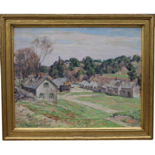 Horace Brown (American, 1876 - 1949): Horace Brown (Vermont, Illinois, 1876 - 1949) with Seattle Museum label verso. Oil on canvas of a factory village. Sight Size: 26.5 x 33 inches. Brown studied at the Pennsylvania Academy of Fine Arts