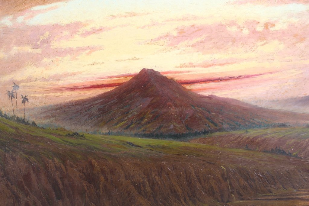 Unusual Early 20th C. O/B Java Landscape w Volcano (1 of 5)