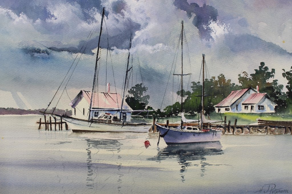H.J. Peterson Florida Coastal Scene w/Boats: H.J. Peterson Florida Coastal Scene w/Boats. Most likely a near the Florida Everglades. Signed lower right. Watercolor. Sight size: 14.5 x 21.5 inches.