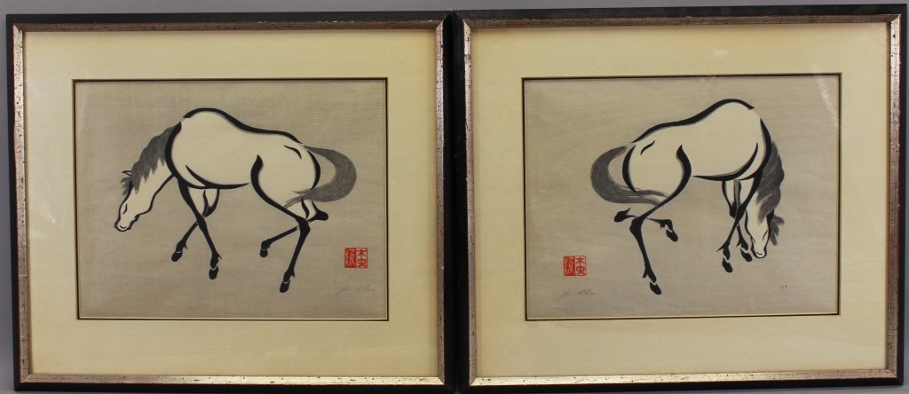 (2) Signed Asian Block Prints of Horses (1 of 4)