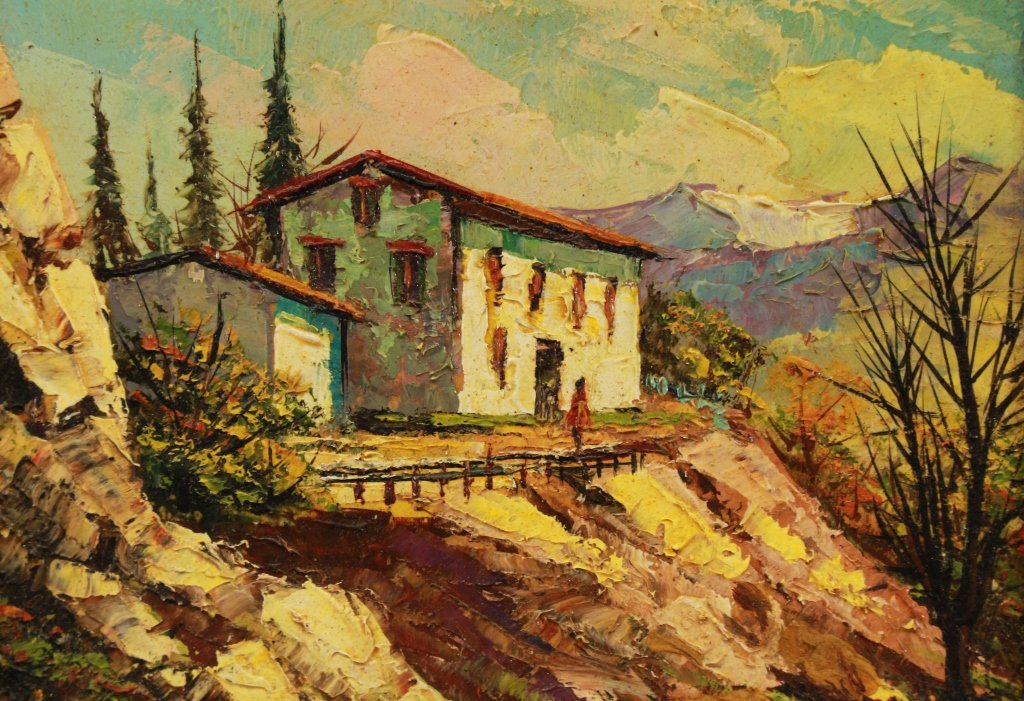 Olga Dunshak (20th C.): Olga Dunshak (20th C.) Landscape with a villa and a figure walking along a path. Signed verso. Sight Size: 4 x 5 inches.