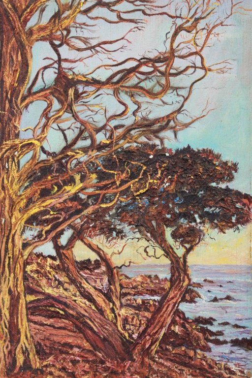20th C. California Luminous Coastal Scene: 20th C. California Luminous Coastal Scene with cypress trees along a beach at sunset. Oil on canvas. Appears to be unsigned. Sight size: 10 x 7 inches.