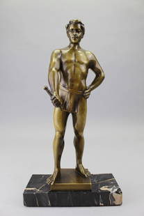 Hans Keck  (German, act.1900-1922): Hans Keck (German, act.1900-1922) Bronze male figure on marble base. Signed on back side near base. Total height: 9.5 inches.