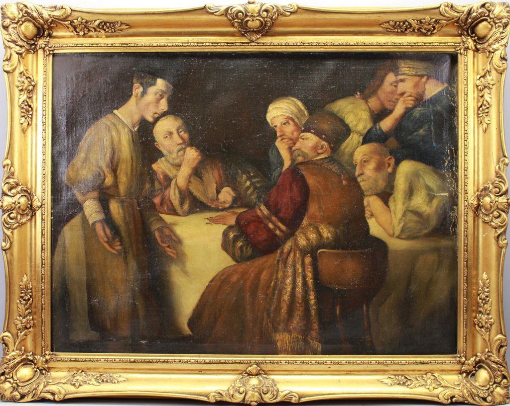19th C. Signed Judaica Painting with figures (1 of 9)