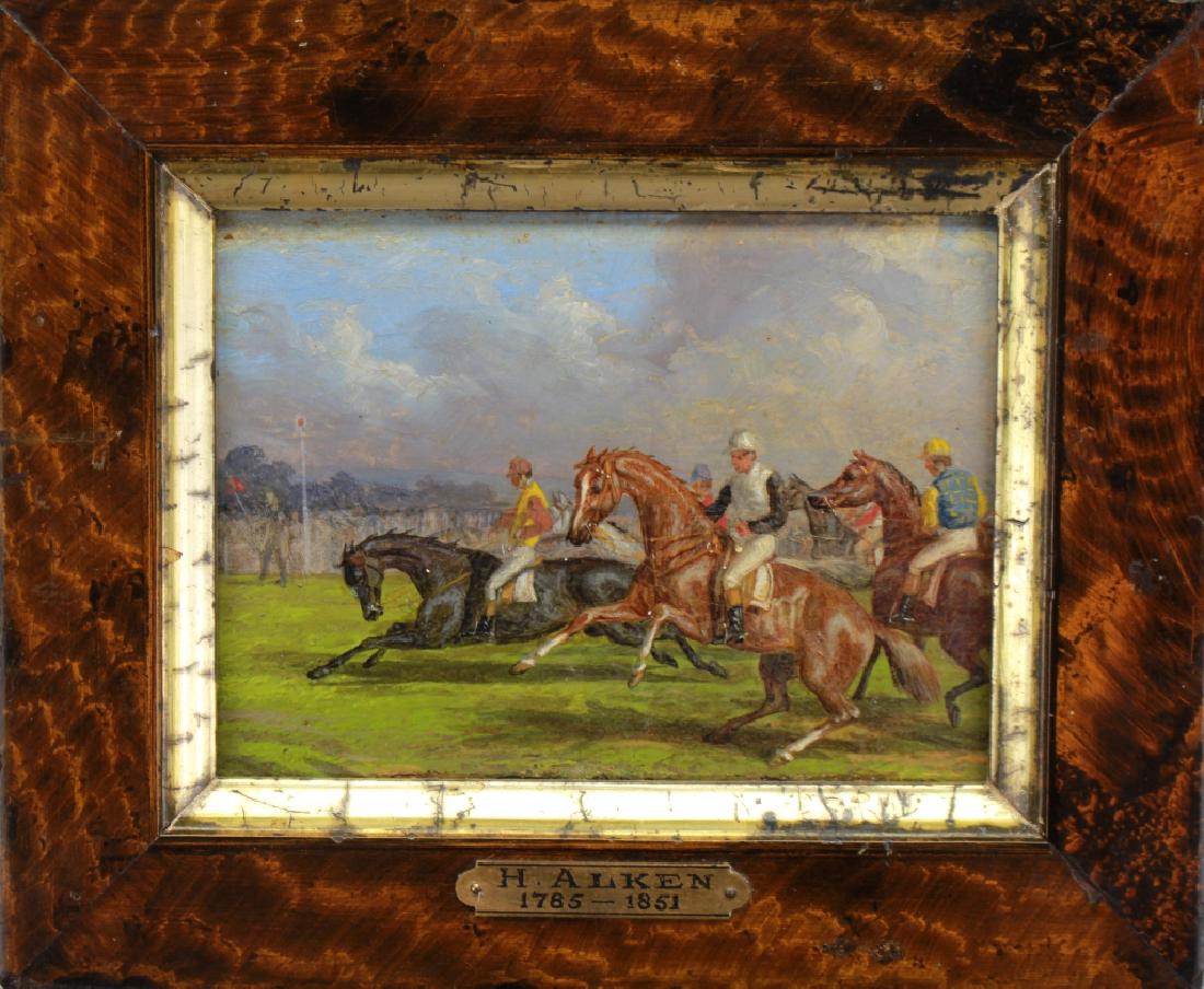 Henry Thomas Alken (UK, 1785 - 1851): Henry Thomas Alken (UK, 1785 - 1851) Oil on cardboard painting of an equestrian racing scene. Image size: 3.75 x 5.5 inches. A keen huntsman, Henry Alken painted in both oil and watercolor what he lov