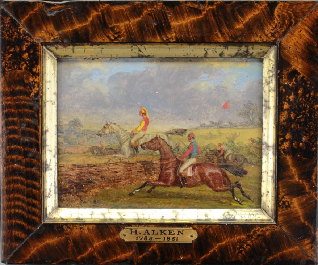 Henry Thomas Alken (UK, 1785 - 1851): Henry Thomas Alken (UK, 1785 - 1851) Oil on cardboard painting of an equestrian racing scene. Image size: 3.75 x 5.5 inches. A keen huntsman, Henry Alken painted in both oil and watercolor what he lov