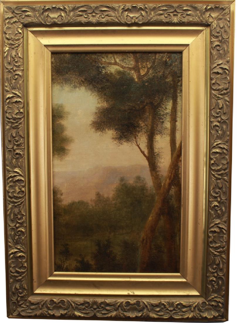 19th C. Hudson River School Wooded Landscape: 19th C. Hudson River School Wooded Landscape. Oil on board. Appears to be unsigned, has not been examined out of frame. Image size: 19 x 11 inches.