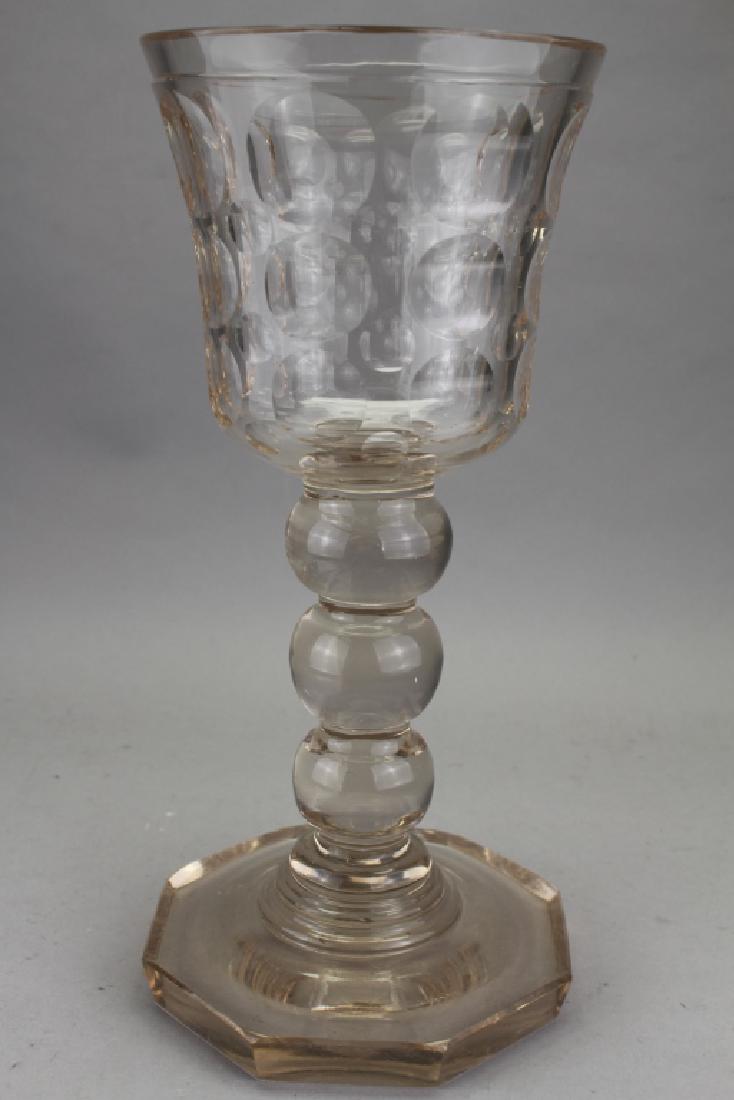 Early Crystal Communal Glass Chalice: Early Crystal Communal Glass Chalice. Beaded stem, heavy gauge. Height: 14 in.