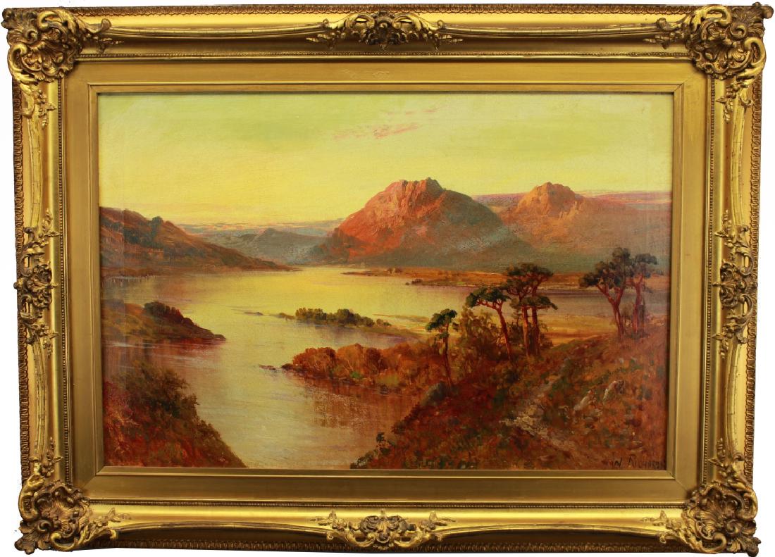 W. Richards (UK 1895 - 1950): W. Richards (UK 1895 - 1950) Scottish Highlands Landscape at dusk. Signed lower right. Oil on canvas. Also known as "Francis E. Jamieson" Sight size: 15.5 x 23.5 inches. Francis E Jamieson was an Engl