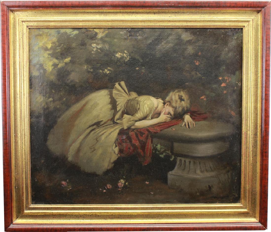 Signed 19th C. French School, Woman in Mourning: Signed 19th C. French School, Woman in Mourning. Depicting a woman mourning over what appears to be a casket. Signed "M. Sass...?" lower right.. Signed lower right. Oil/Canvas. Sight Size: 19 x 23 in.