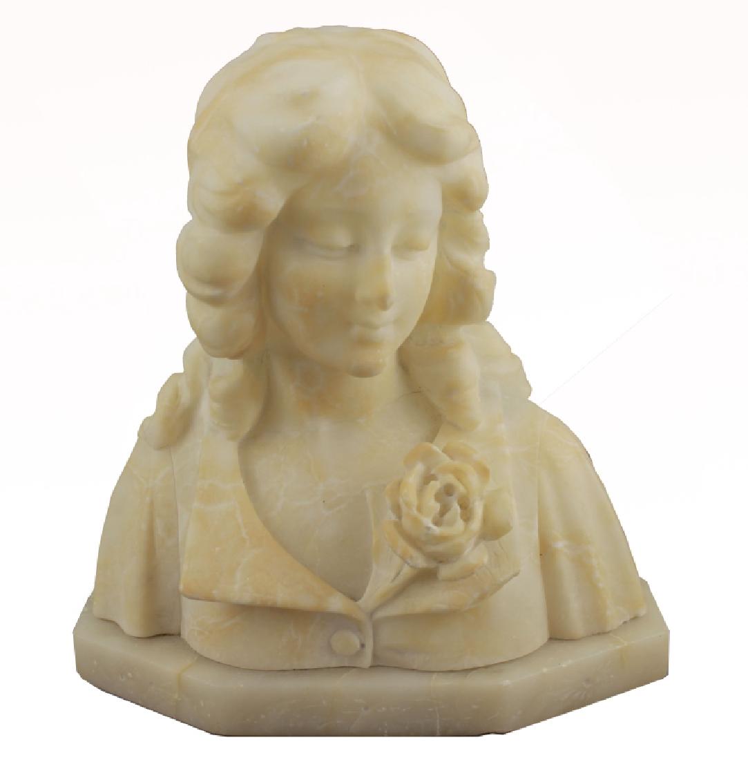 Antique Alabaster Bust of a Young Girl: Antique Alabaster Bust of a Young Girl with a flower pinned to her dress. Signs of restoration near neck. Height: 8.75 in.