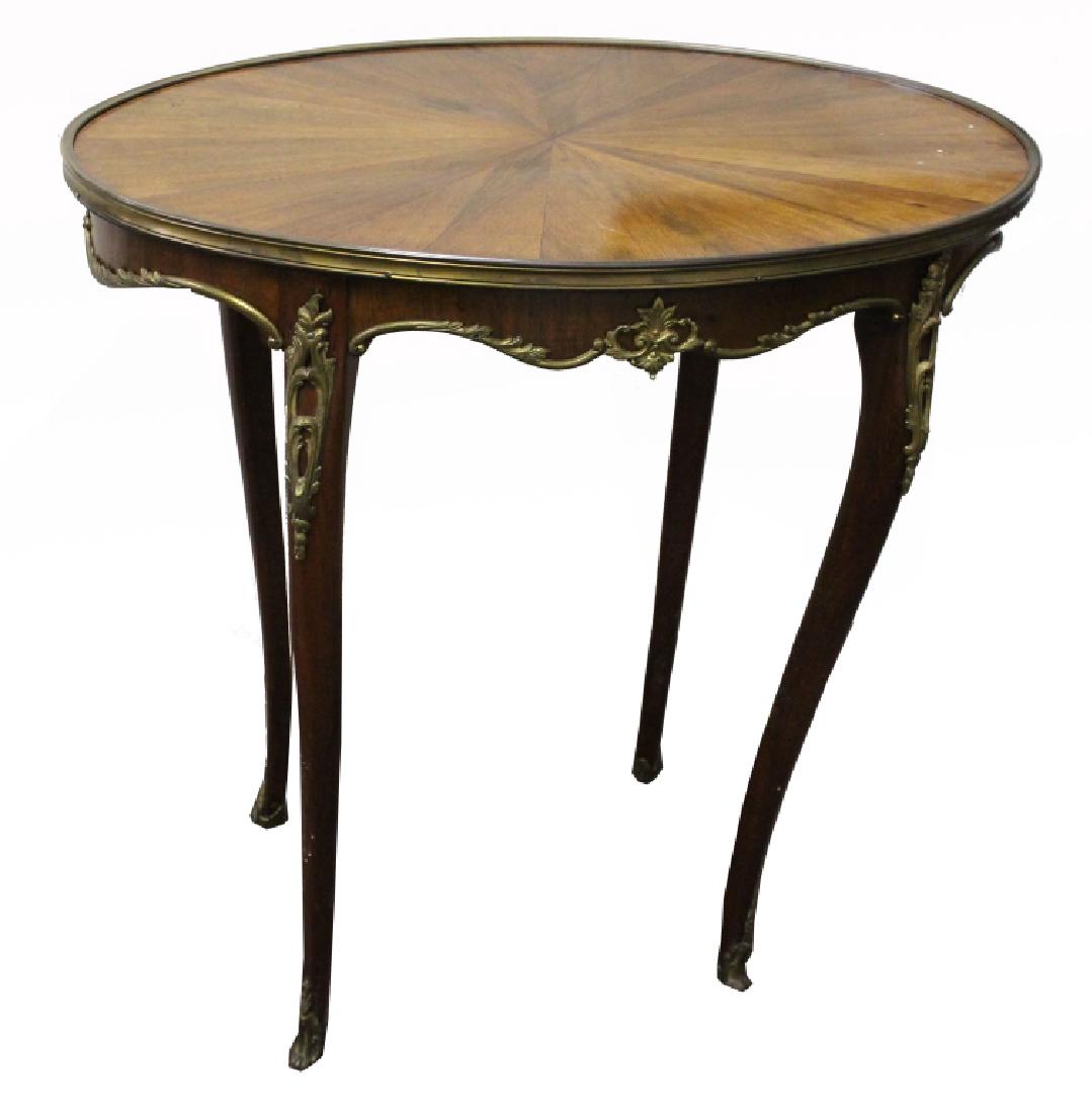 19th C French Bronze Mounted Louis XIV Style Table: Antique French Bronze Mounted Louis XIV Style Table. Serpentine legs. Dimensions: 27 x 26.25 x 18.5 in.