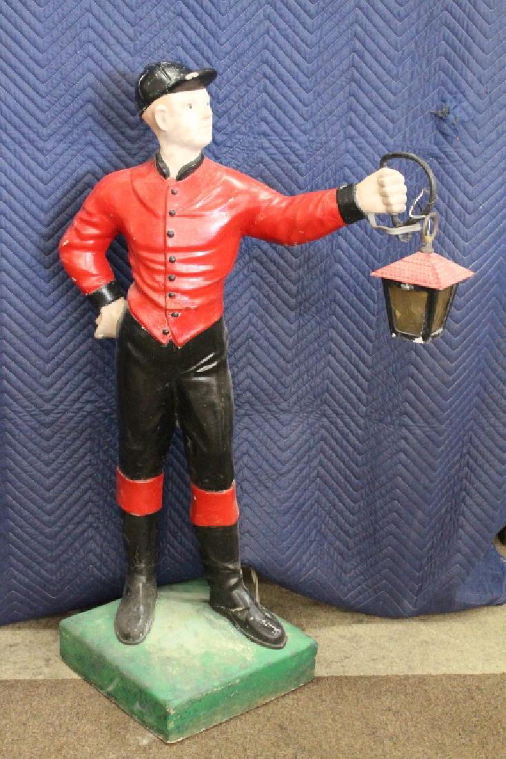 "Cavalier" Concrete Lawn Jockey: "Cavalier" Concrete Lawn Jockey. This item is a 20th C. reproduction of the originals. Dimensions: 43.5 x 17 x 26 in. This version was copyrighted in 1871 and patented in 1872.