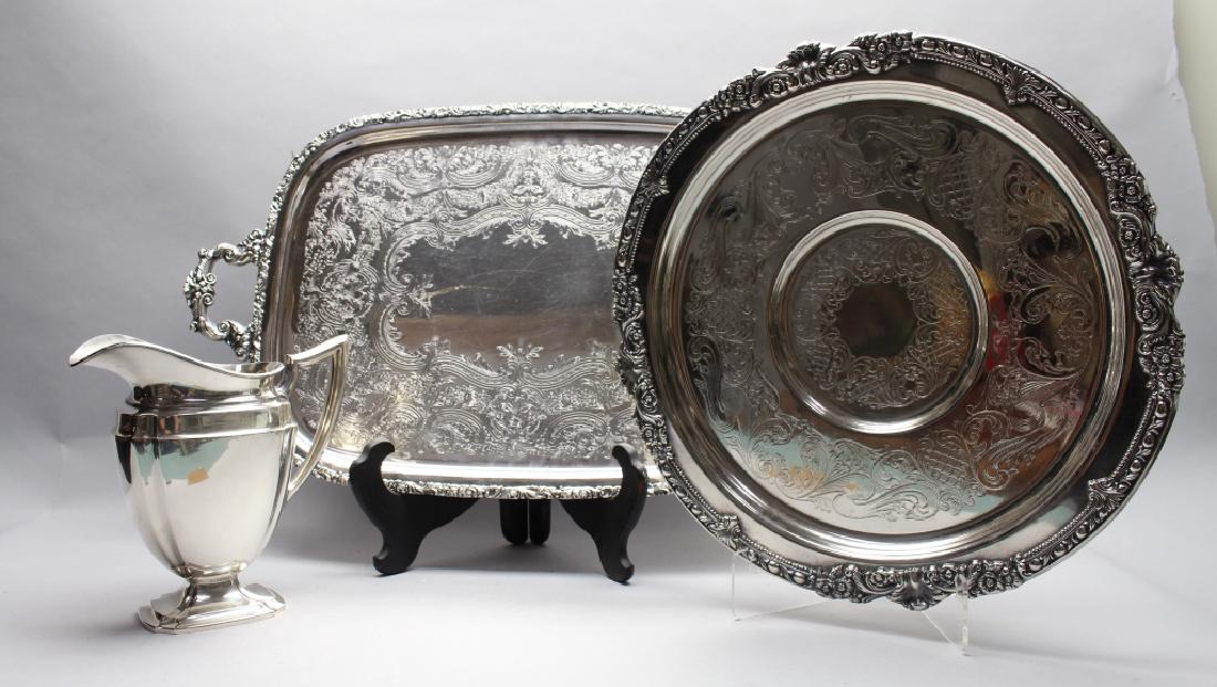 (3) Silver Plate Serving Pieces: Pairpoint Silverplate Pitcher. Marked Pairpoint E.P.N.S 01807 V.M..Mounts. Height: 9 in. Sheridan Silverplate Compote. Sheridan Silverplate Compote. Marked Sheridan Taunton Silversmiths LTD on base. D