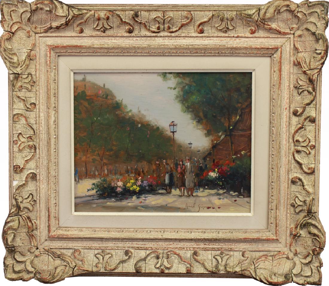 Andre Gisson (US, France, 1921 - 2003): Andre Gisson (New York, Connecticut / France, 1921 - 2003) Paris street scene with figures. Signed lower right. Sight Size: 7.5 x 9.5 inches. Oil on board. Gisson graduated from the Pratt Institute an
